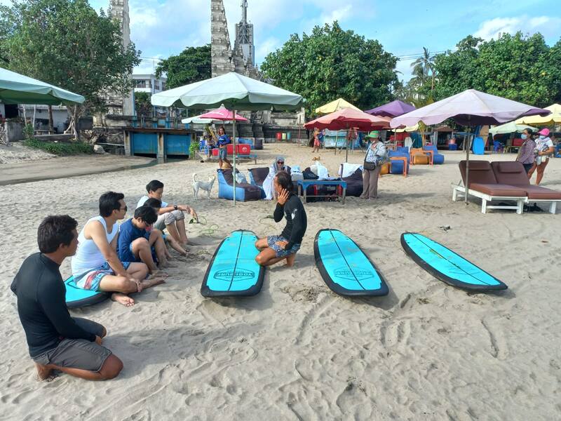 Beach Surfing Lesson Group People Surfboards Umbrellas Sand