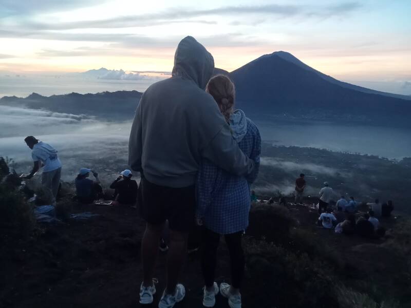Couple Watching Sunrise Volcano View Hiking Mountain Trekking