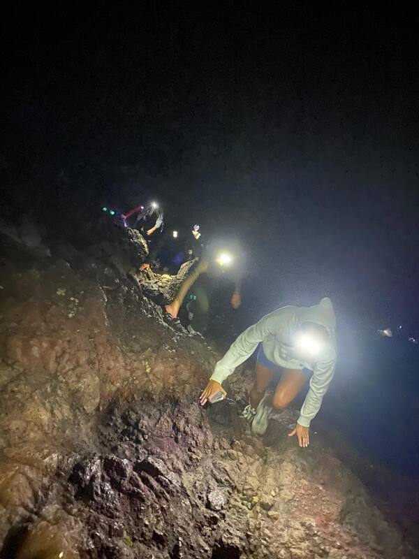 Night Climbing On Rocky Surface People Wearing Headlamps