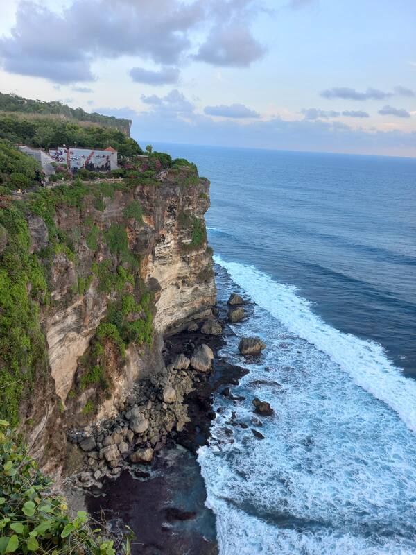 Rocky Cliff Ocean Waves Greenery Sky Clouds Coastline Viewpoint