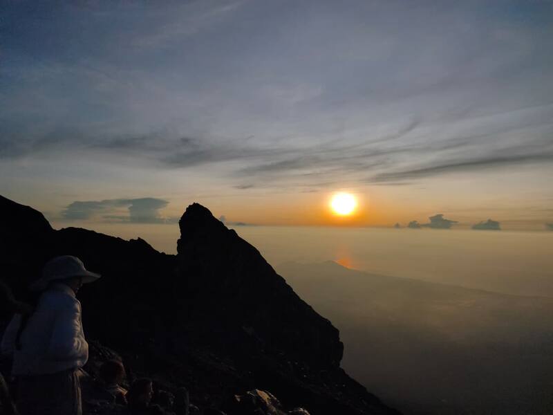 Sunset Over Mountain Silhouette With People And Clouds