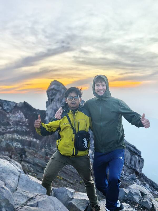 Two Friends Hiking Mountain Peaks Sunset Outdoor Adventure
