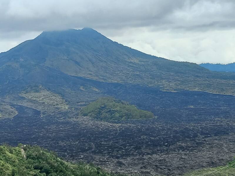 Volcano Mountains Black Lava Field Green Vegetation Cloudy Sky